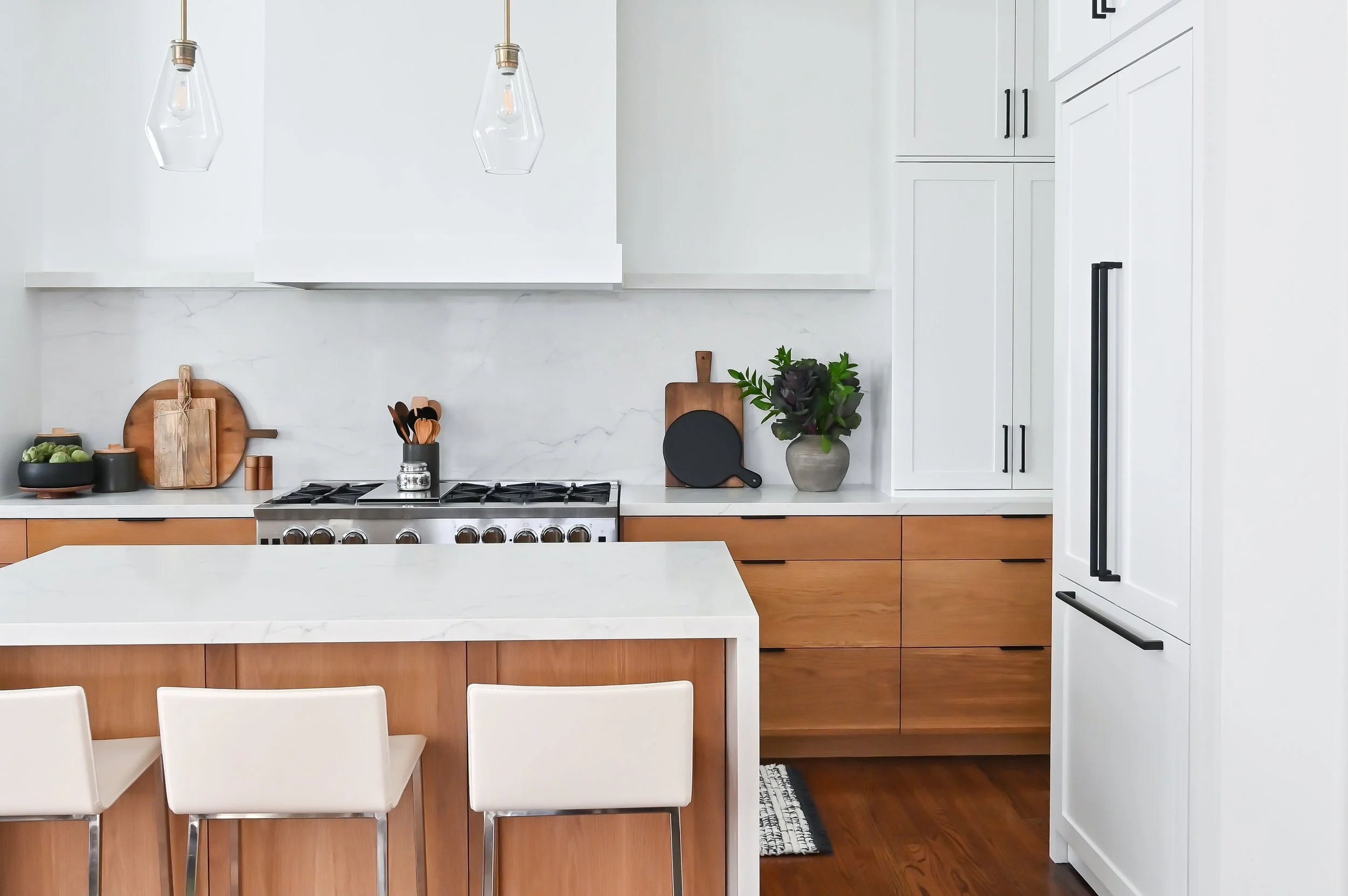 Houston area kitchen remodel features modern white oak drawers and